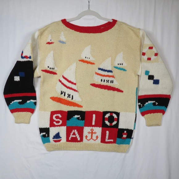 Vintage BEREK Novelty Knit Sweater‎ Sailboat Nautical Graphic Pullover Medium - Picture 1 of 16